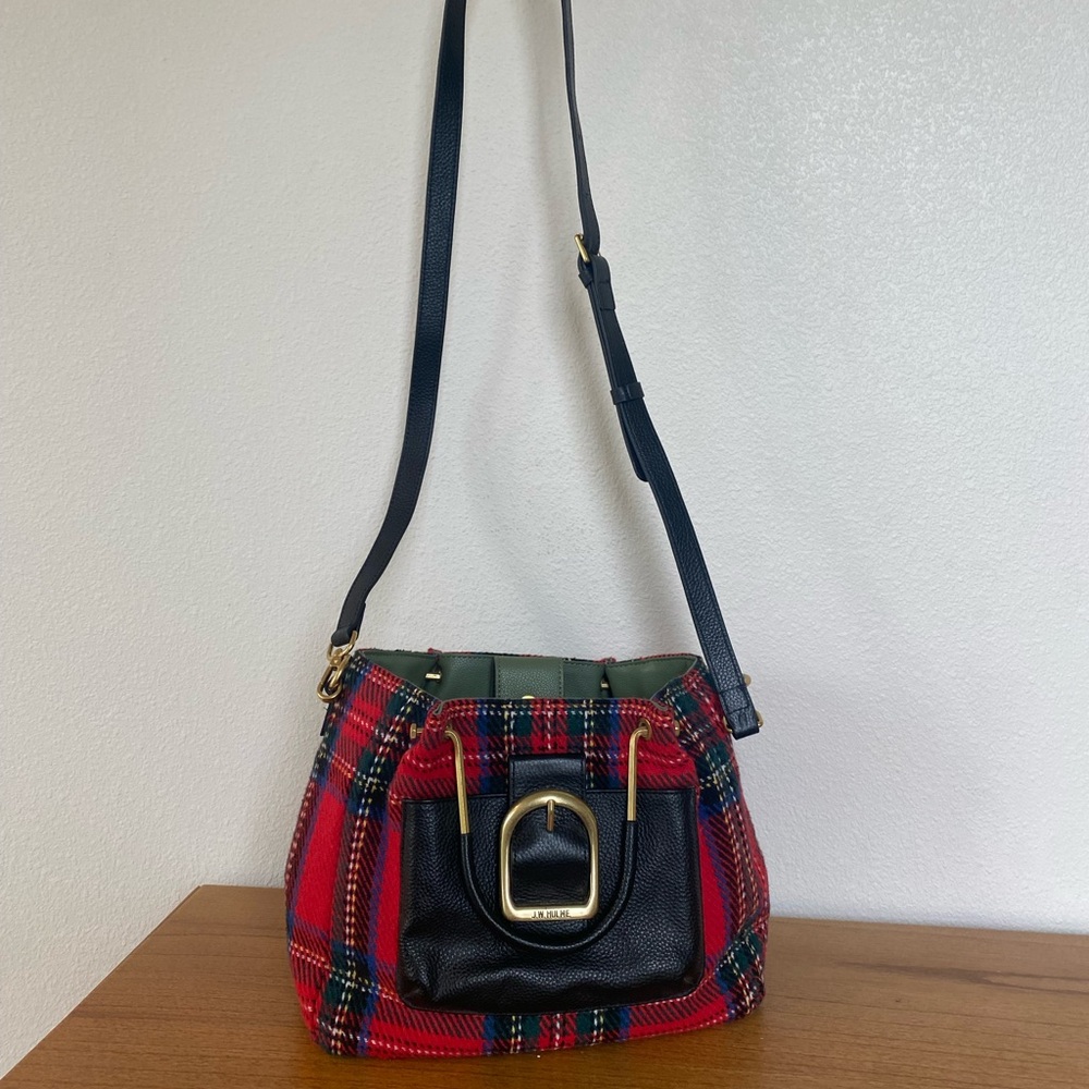 J.W. HULME CO. Red Plaid Crossbody Bag with Black Leather and brass handles - Picture 2 of 12